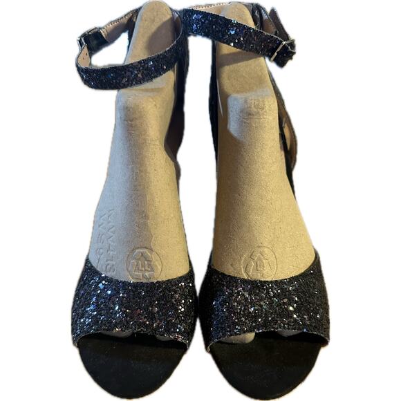 Betsy Johnson Women's Black Glitter Platform‎ Block Heel Sandals Size 8 1/2 - Picture 1 of 7